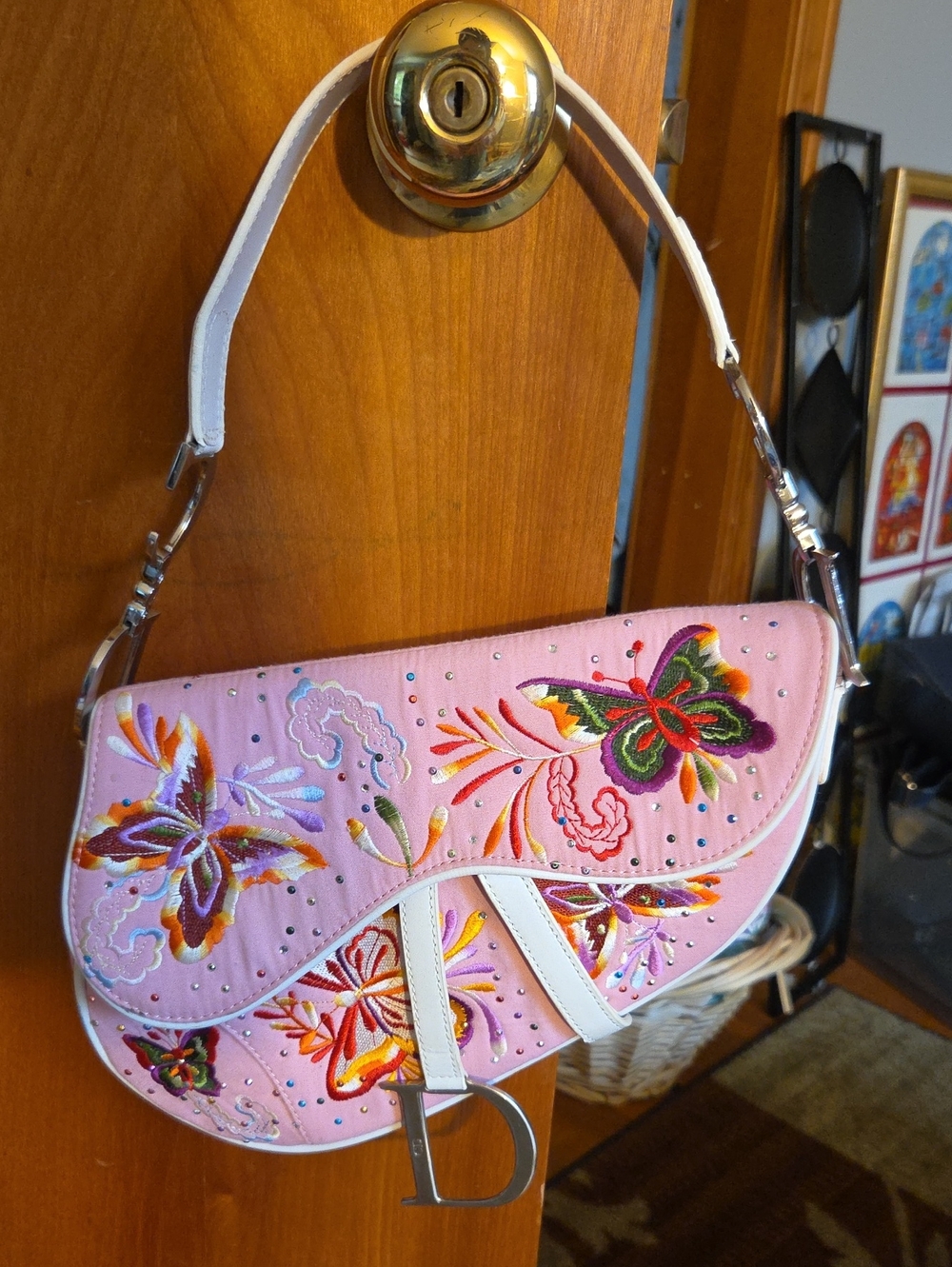 Dior Pink Embroidered Saddle Shoulder Bag with White Trim